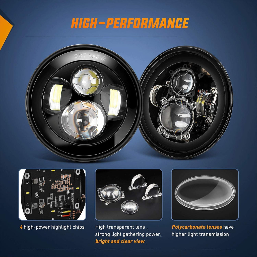 2PCS 7 Inch Round LED Headlight High Low Beam B2418