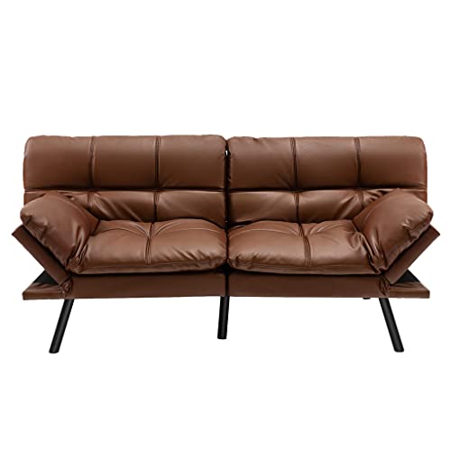 Brown Memory Foam Convertible Futon Sofa Bed with Adjustable Armrest U400