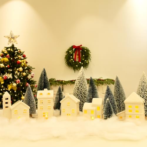 5 Pcs White Houses & 9 Pcs Trees & Fake Snow Ceramic Christmas Village Decorations L133
