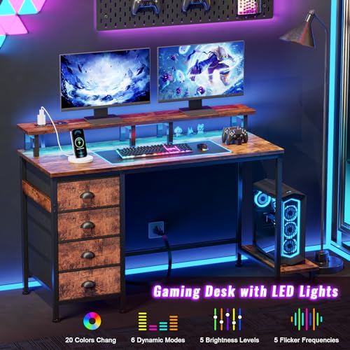 47" Computer Gaming Desk with Monitor Stand, 4 Fabric Drawers & Power Outlets, LED Lights, Rustic Brown A675110