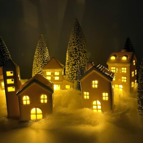 5 Pcs White Houses & 9 Pcs Trees & Fake Snow Ceramic Christmas Village Decorations L133
