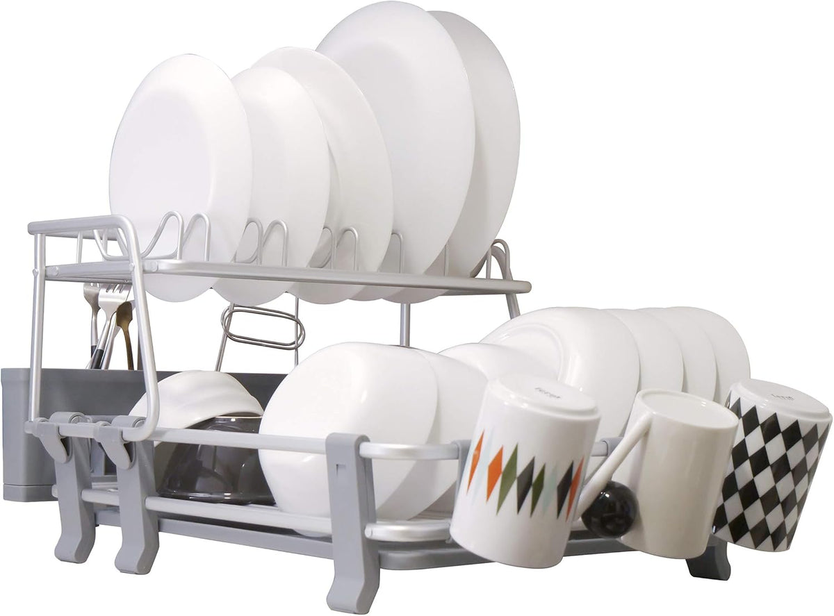 Aluminum 2-tier Dish Drying Rack with Utensil & Cutlery Holder A9303