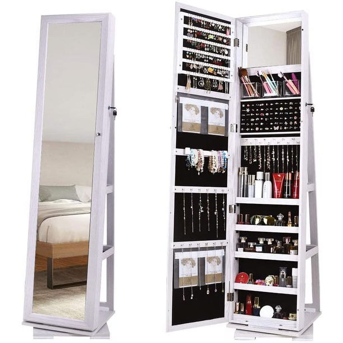 White Rotatable Jewelry Armoire with Full-length Mirror N267