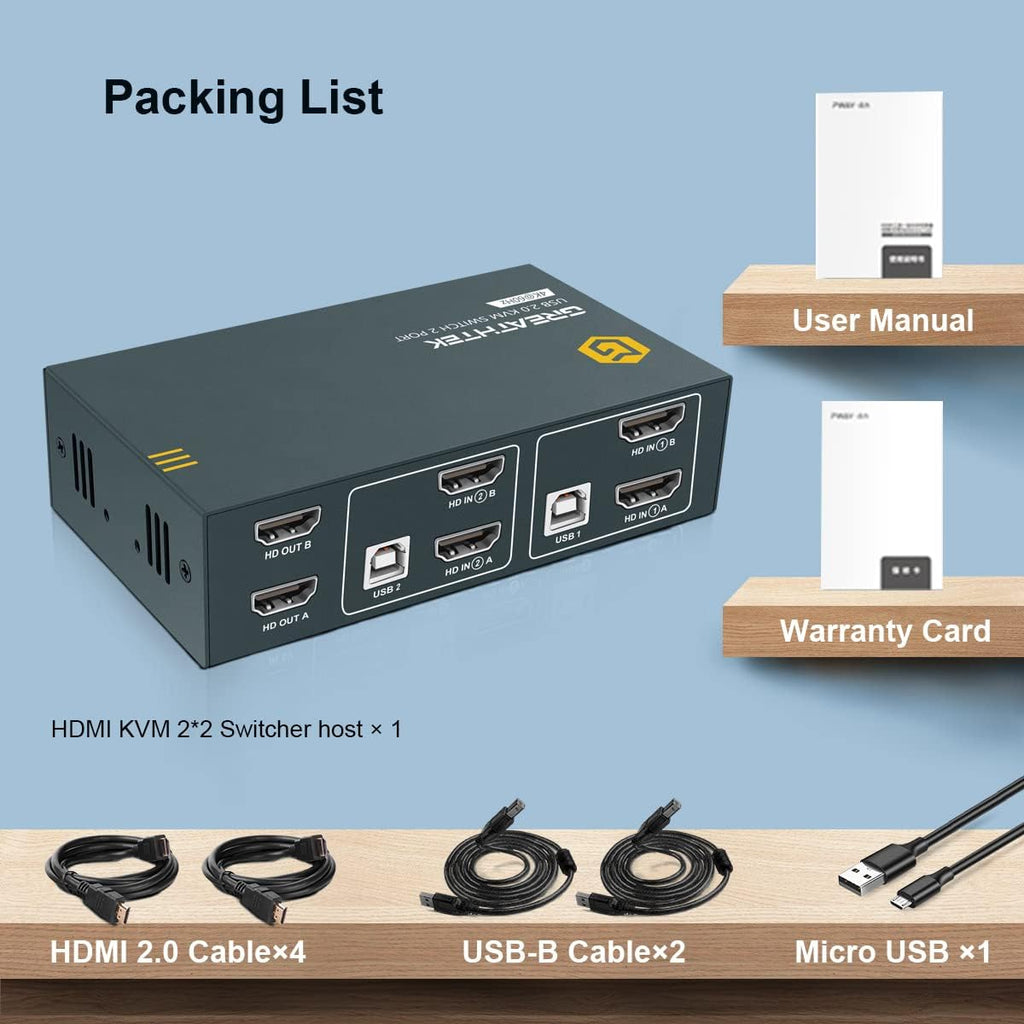 KVM Switch HDMI Dual Monitor 2 Port, 4K@60Hz, 2 USB 2.0 Hub, 4 HDMI Cables, 2 USB Cables S1798