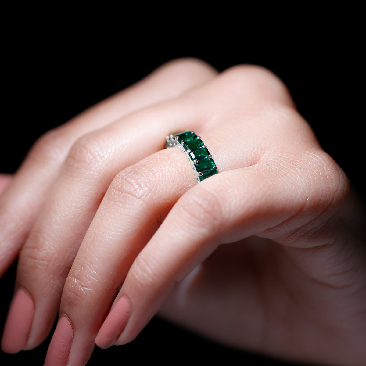 14K White Gold Lab Created Emerald Ring F9379