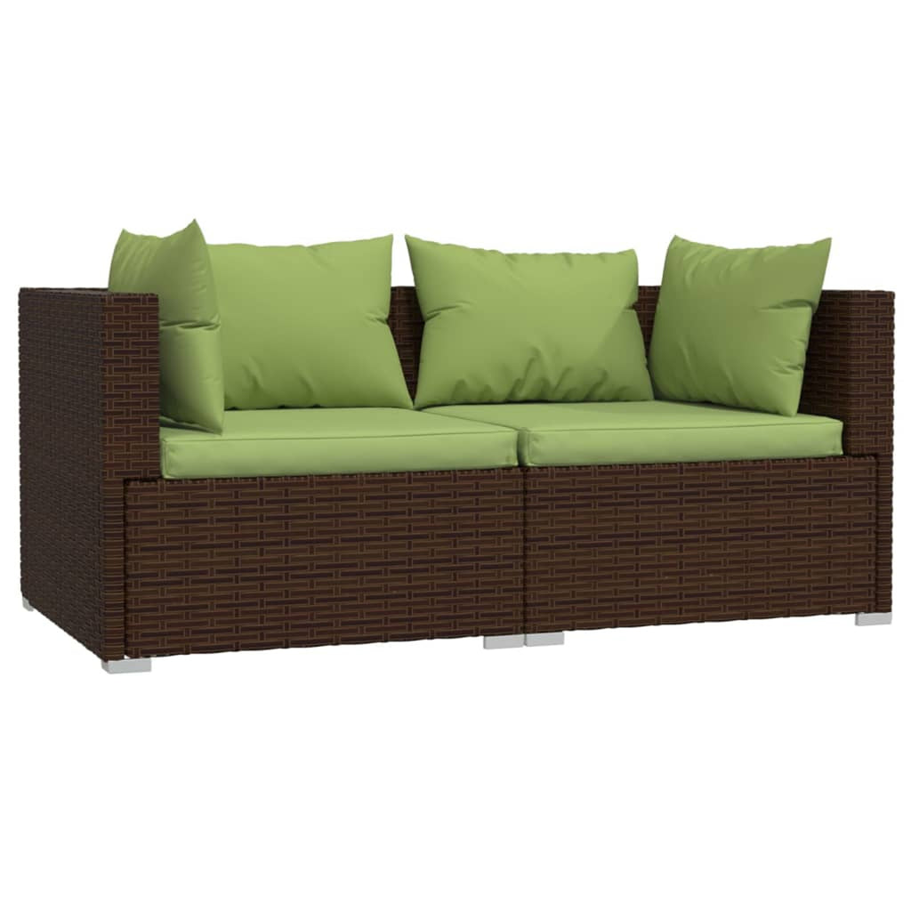 3 Piece Patio Lounge Set with Green Cushions Brown Poly Rattan Outdoor Sectional Sofa Set Steel Frame T8179
