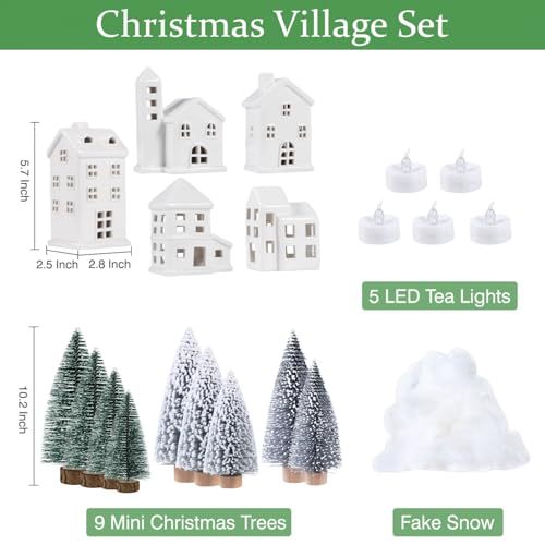 5 Pcs White Houses & 9 Pcs Trees & Fake Snow Ceramic Christmas Village Decorations L133