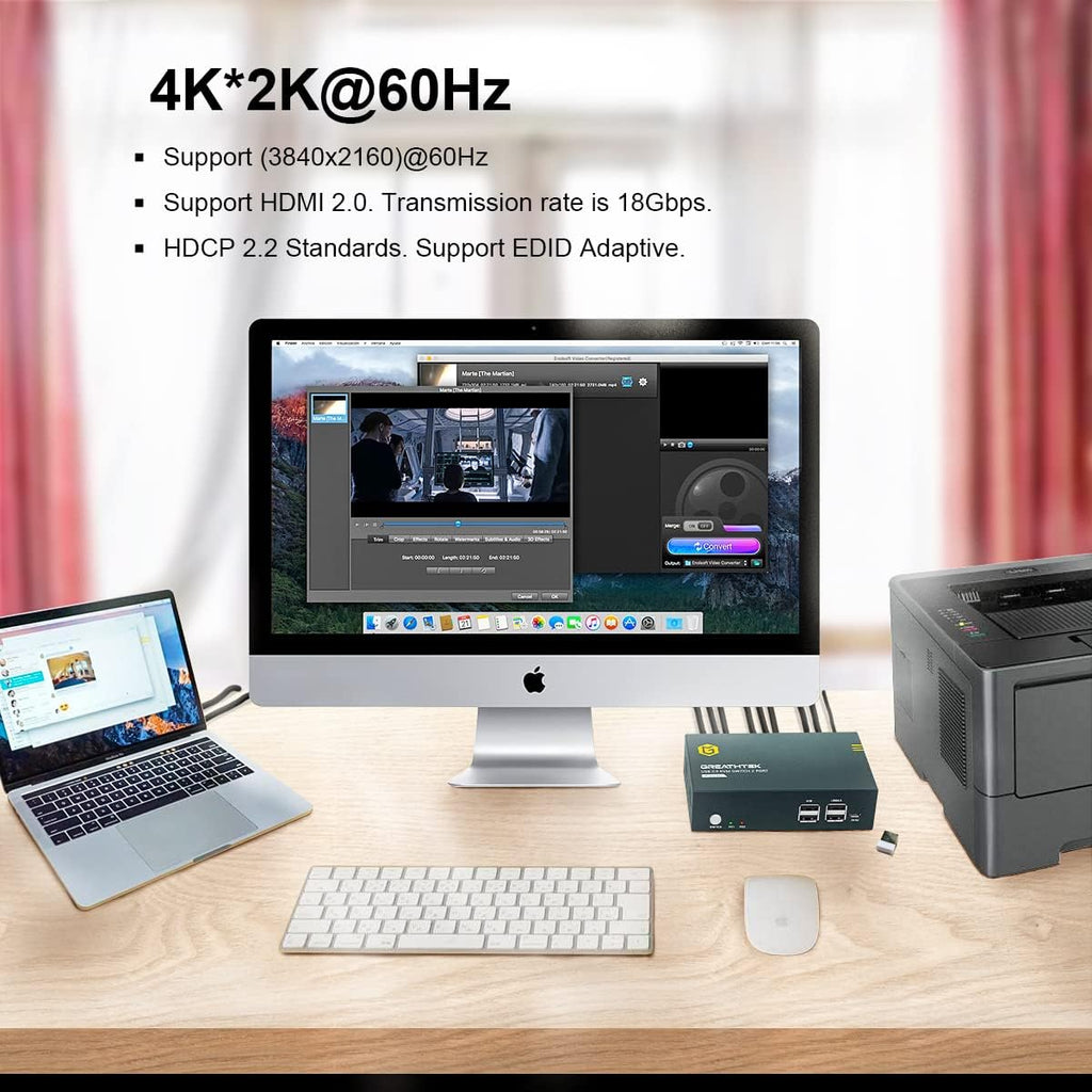 KVM Switch HDMI Dual Monitor 2 Port, 4K@60Hz, 2 USB 2.0 Hub, 4 HDMI Cables, 2 USB Cables S1798