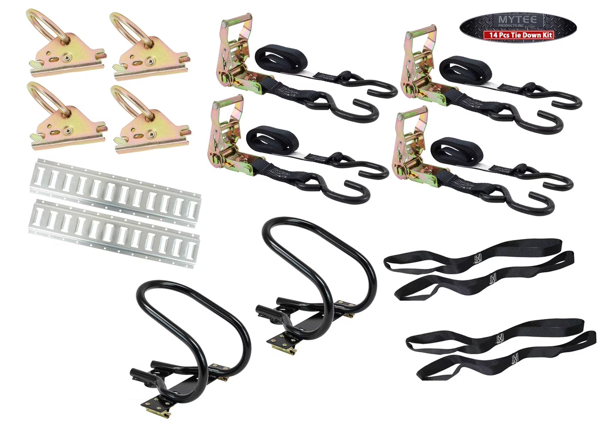14 Pc Motorcycle Kit with E-Track Wheel Chock, Handle Bar Straps, D Ring, Ratchet Straps H8634