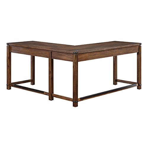 Rustic L-Shape Office Desk with Power Port Drawer, Champagne Oak Finish G383659