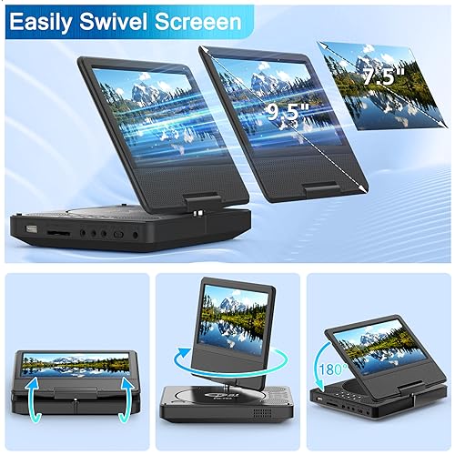 9.5" Portable DVD Player with 7.5" Swivel Display Screen, 5-Hour Built-in Rechargeable Battery, Black M1357
