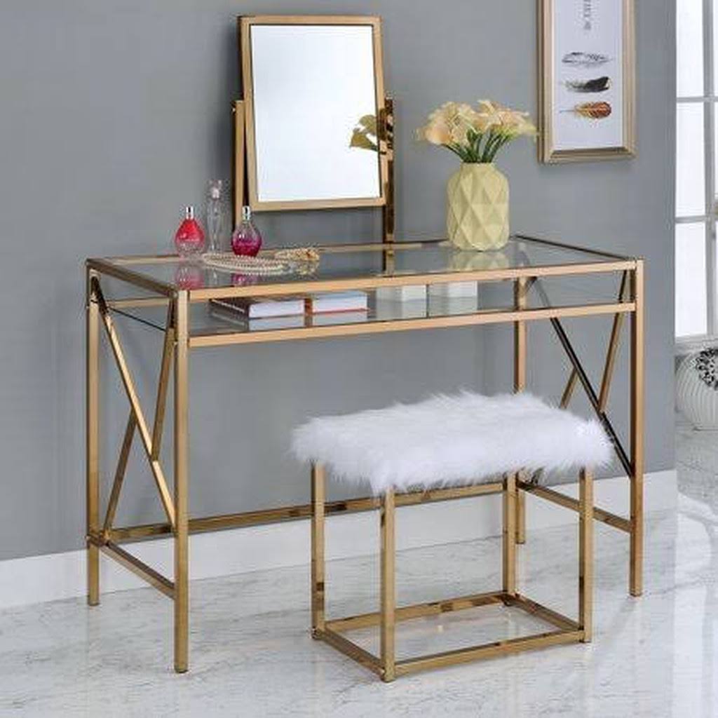 Champagne 2-piece Vanity Table Set with Faux Fur Stool U9626