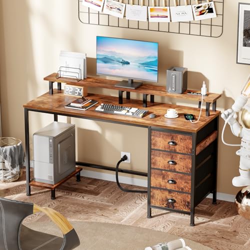47" Computer Gaming Desk with Monitor Stand, 4 Fabric Drawers & Power Outlets, LED Lights, Rustic Brown A675110