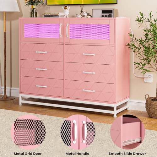 Pink 6 Drawer Wood Dresser with LED Lights and Charging Station E8091