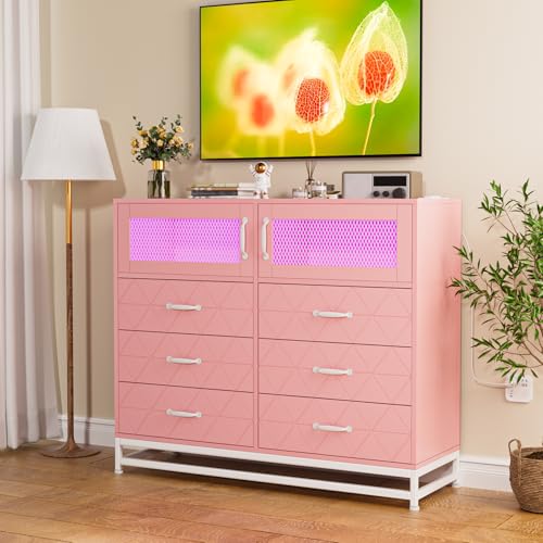 Pink 6 Drawer Wood Dresser with LED Lights and Charging Station E8091