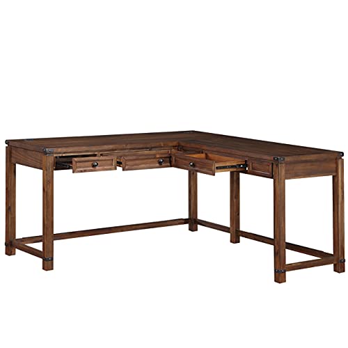 Rustic L-Shape Office Desk with Power Port Drawer, Champagne Oak Finish G383659