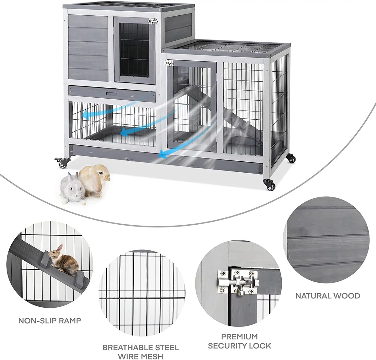 43 Inch Wood Rabbit Hutch with Wheel and 2 No Leak Tray I7263