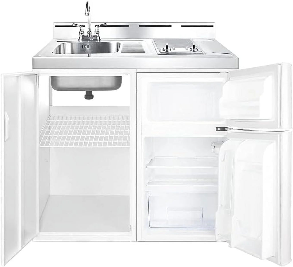 39 inch wide all-in-one kitchenette with 2-burner cooktop, refrigerator-freezer, sink, and storage cabinet K58277