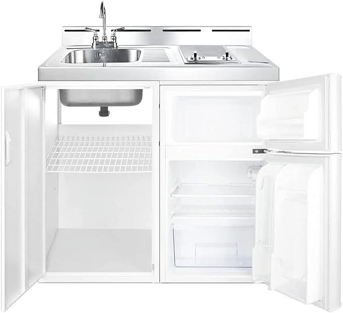 39 inch wide all-in-one kitchenette with 2-burner cooktop, refrigerator-freezer, sink, and storage cabinet K58277
