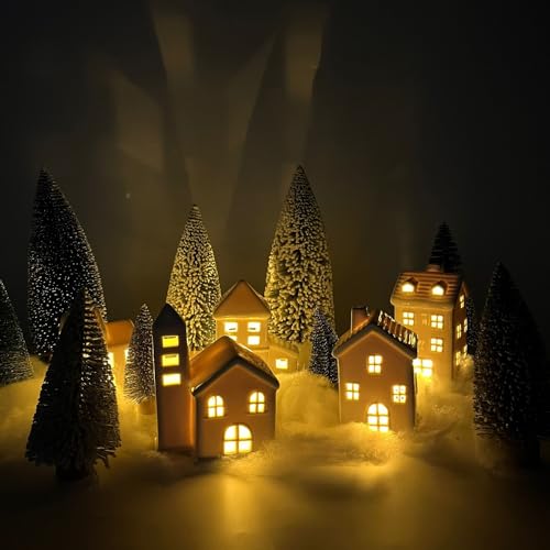 5 Pcs White Houses & 9 Pcs Trees & Fake Snow Ceramic Christmas Village Decorations L133