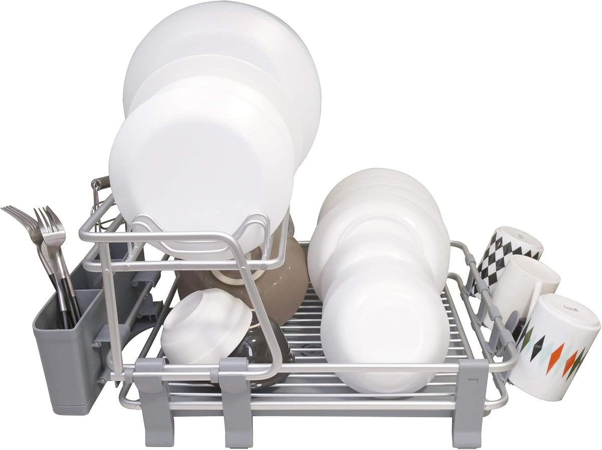 Aluminum 2-tier Dish Drying Rack with Utensil & Cutlery Holder A9303