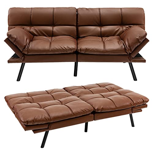 Brown Memory Foam Convertible Futon Sofa Bed with Adjustable Armrest U400