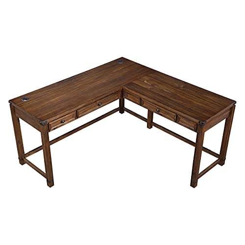 Rustic L-Shape Office Desk with Power Port Drawer, Champagne Oak Finish G383659
