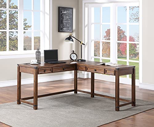 Rustic L-Shape Office Desk with Power Port Drawer, Champagne Oak Finish G383659