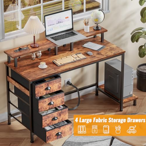 47" Computer Gaming Desk with Monitor Stand, 4 Fabric Drawers & Power Outlets, LED Lights, Rustic Brown A675110
