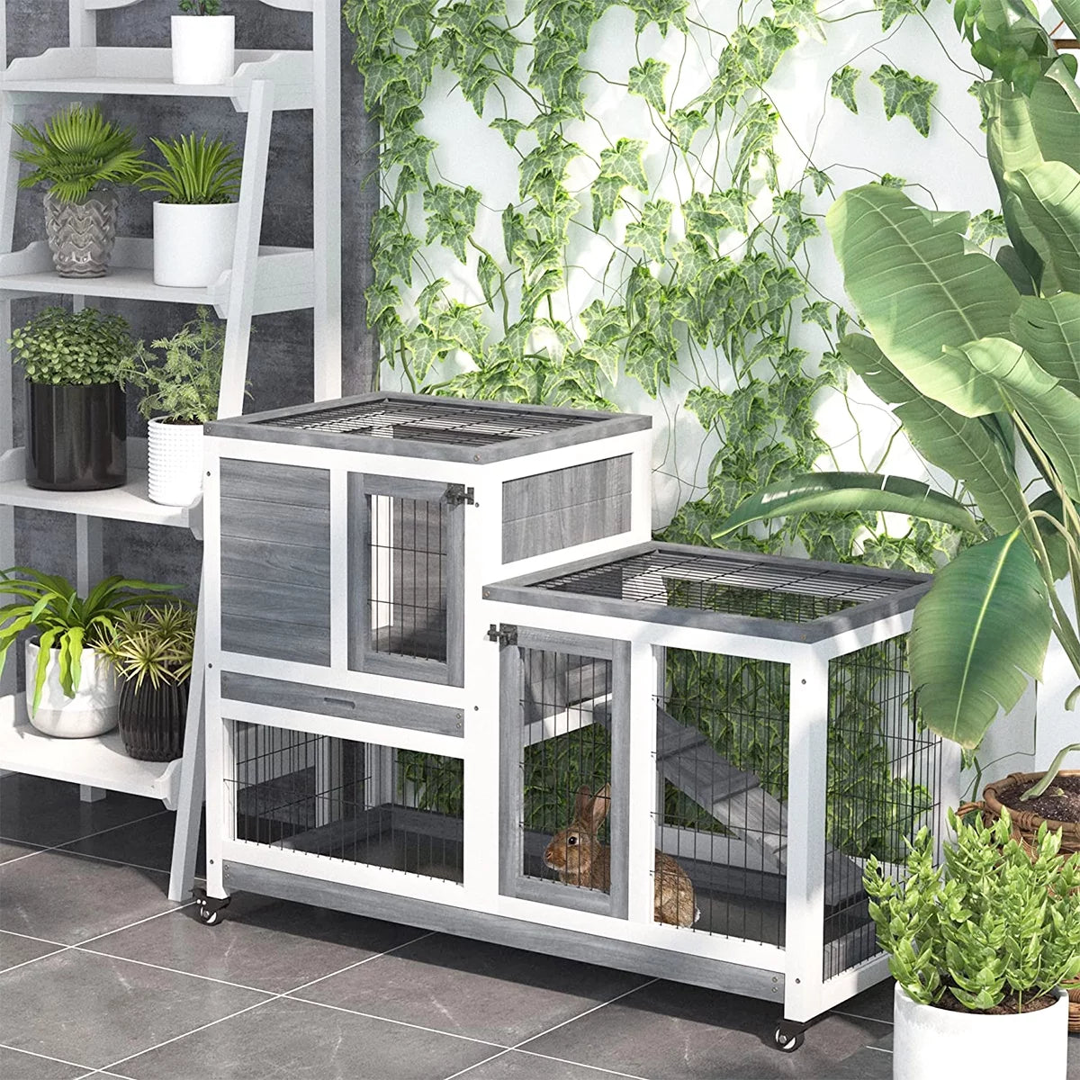 43 Inch Wood Rabbit Hutch with Wheel and 2 No Leak Tray I7263