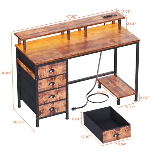 47" Computer Gaming Desk with Monitor Stand, 4 Fabric Drawers & Power Outlets, LED Lights, Rustic Brown A675110