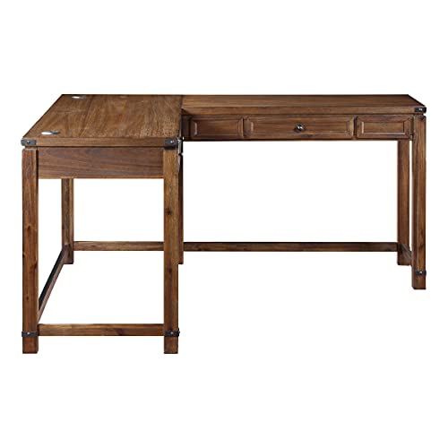 Rustic L-Shape Office Desk with Power Port Drawer, Champagne Oak Finish G383659