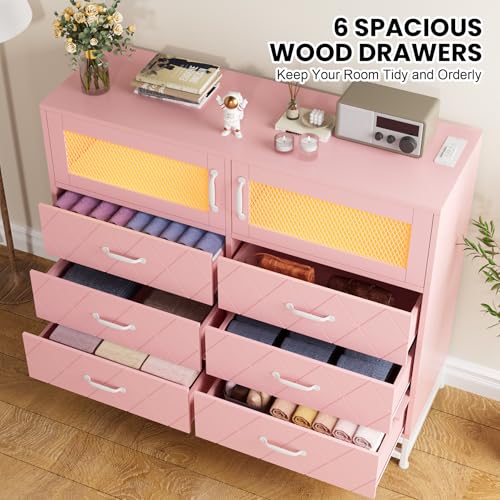 Pink 6 Drawer Wood Dresser with LED Lights and Charging Station E8091