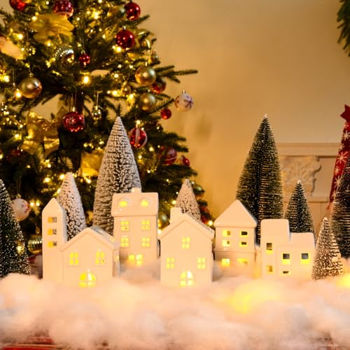 5 Pcs White Houses & 9 Pcs Trees & Fake Snow Ceramic Christmas Village Decorations L133