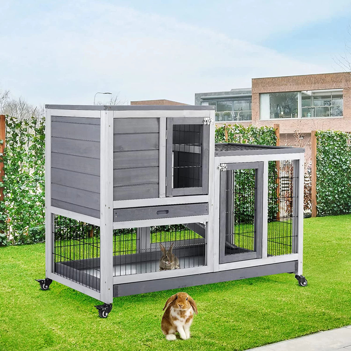 43 Inch Wood Rabbit Hutch with Wheel and 2 No Leak Tray I7263