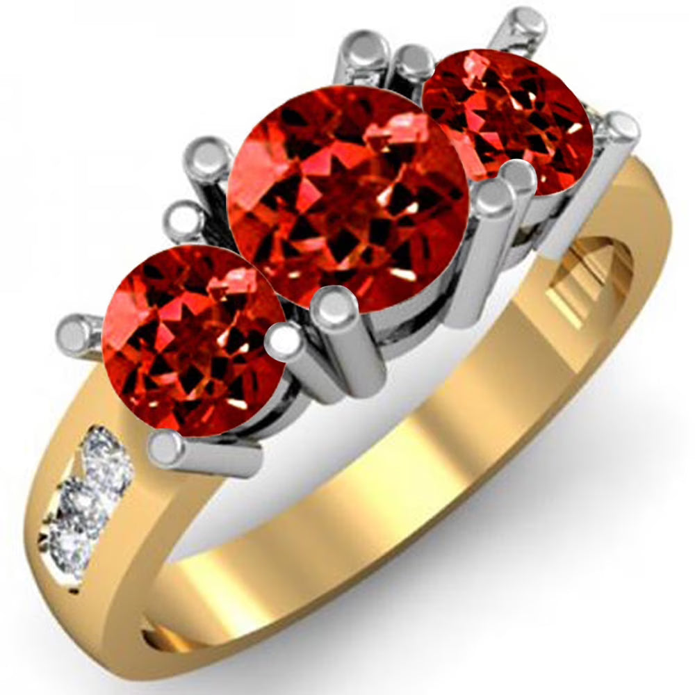 18K Yellow Gold Red Garnet White Diamond 3 Stone Engagement Ring W7940