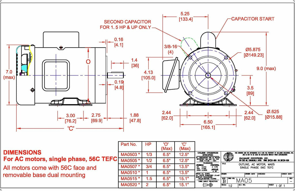 1/3 HP AC Motor, 3450RPM, 1 Phase, 115/230V Z322
