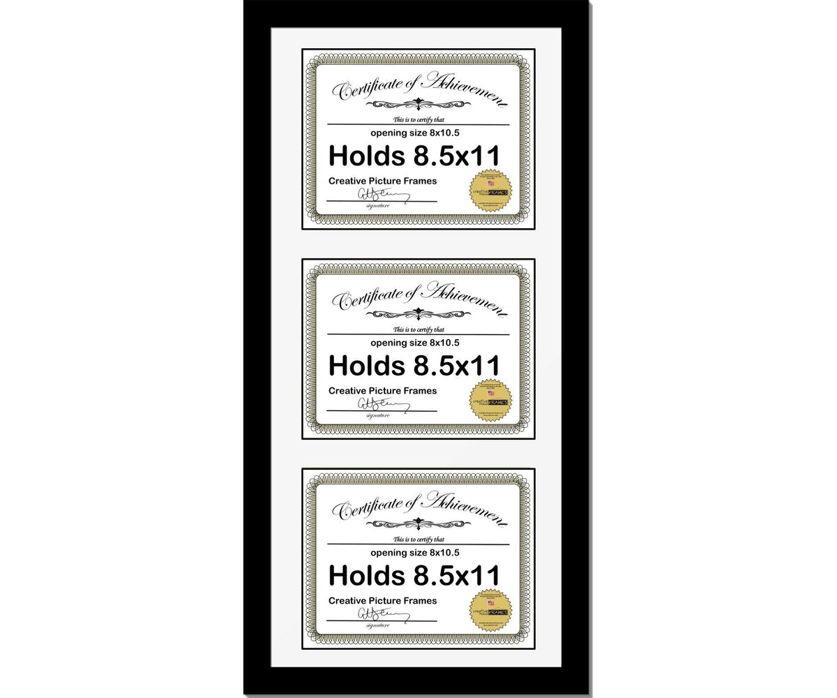 Black Triple Diploma Frame with 3 Opening White Mat A4230