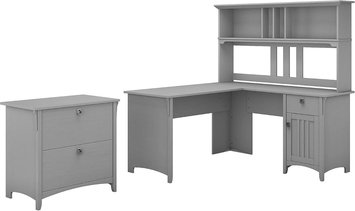 Antique White L Shaped Desk with Hutch and Lateral File Cabinet T5182