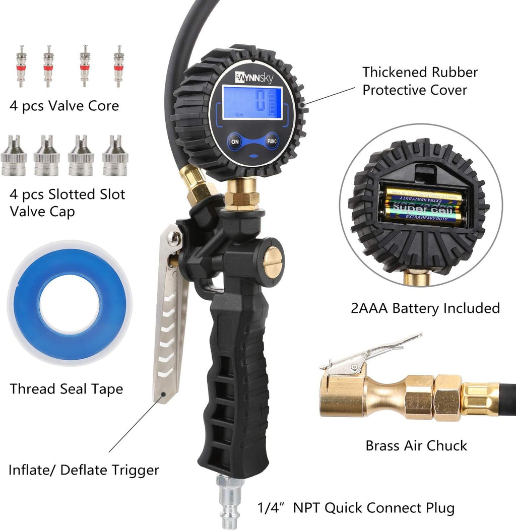 Tire Inflator with Digital Pressure Gauge, 0-200PSI, Brass Lock-On Air Chuck, 23 Inch Compressor Hose, Valve Core and Slotted Valve Cap, Seal Tape Pack of 2 Y92448