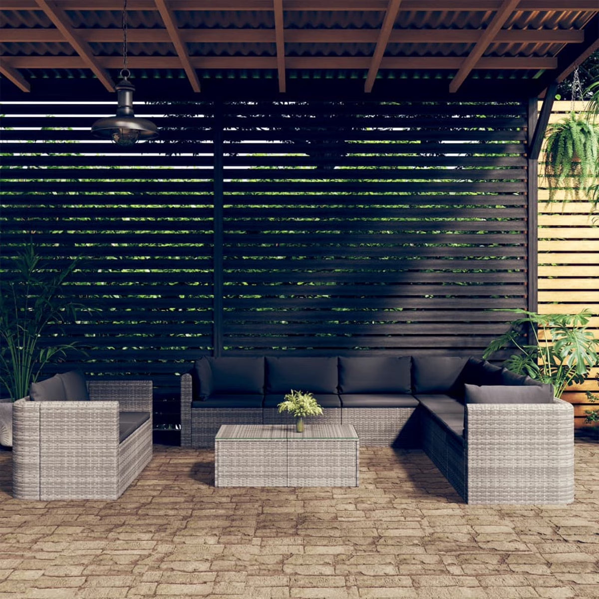 10 Piece Gray Poly Rattan Corner Sofa and 4 Middle Sofas with Coffee Table K2297
