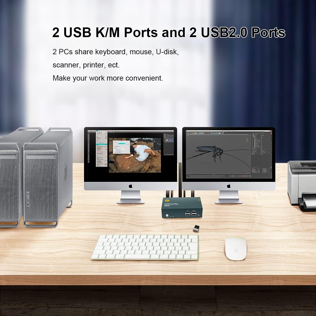 KVM Switch HDMI Dual Monitor 2 Port, 4K@60Hz, 2 USB 2.0 Hub, 4 HDMI Cables, 2 USB Cables S1798