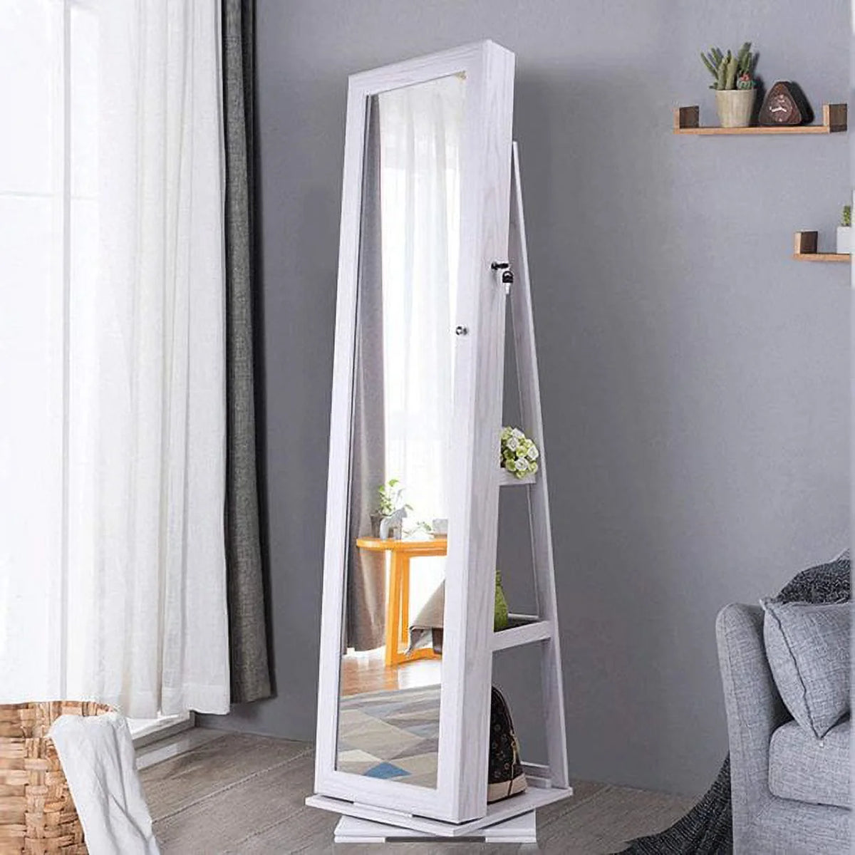 White Rotatable Jewelry Armoire with Full-length Mirror N267