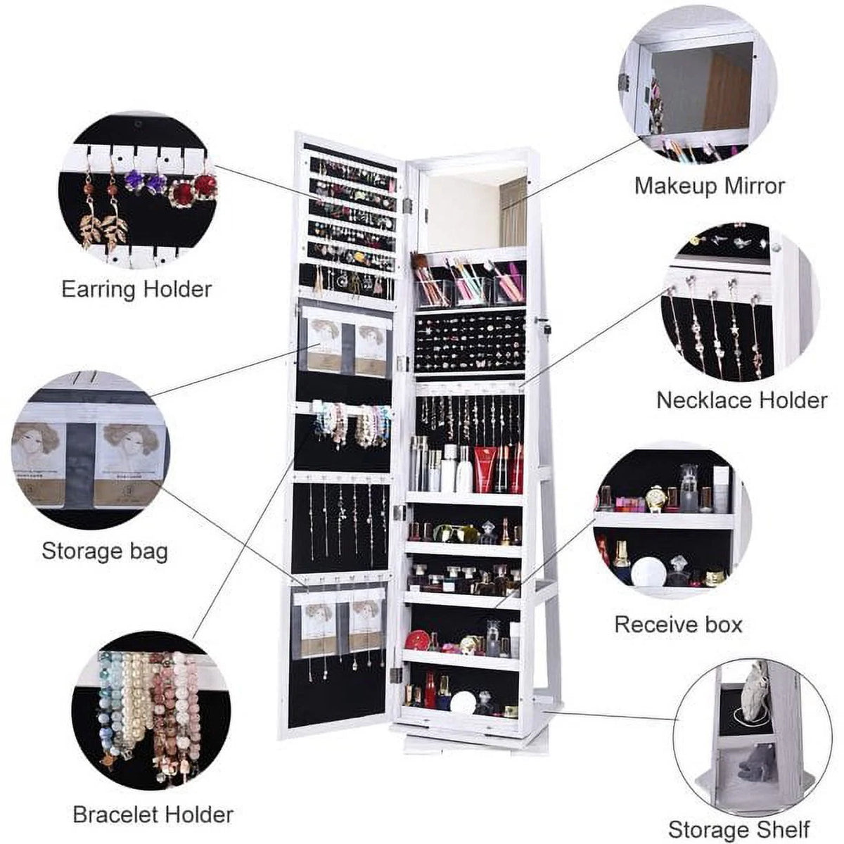 White Rotatable Jewelry Armoire with Full-length Mirror N267