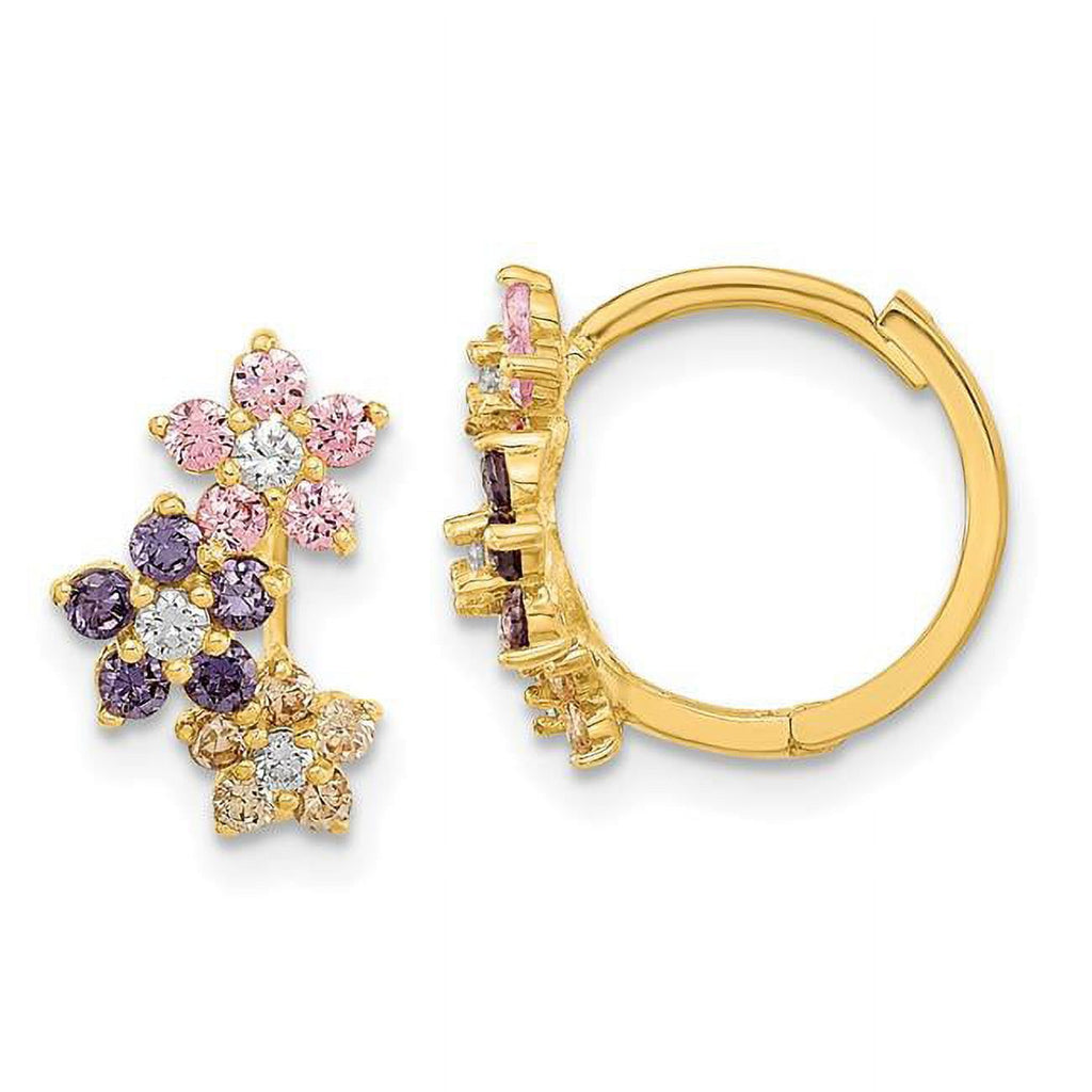 14K Yellow Gold Hinged Flower Multicolor CZ Hoop Earrings T790