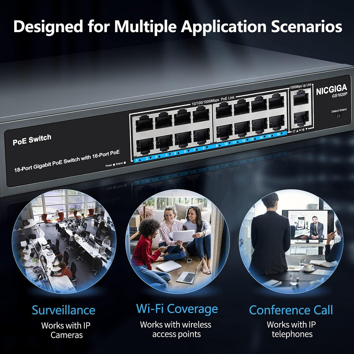 18 Port Gigabit PoE Switch with 16 Ports 1000Mbps PoE+@250W, 2 Gigabit Uplink Ports, Metal Case M880