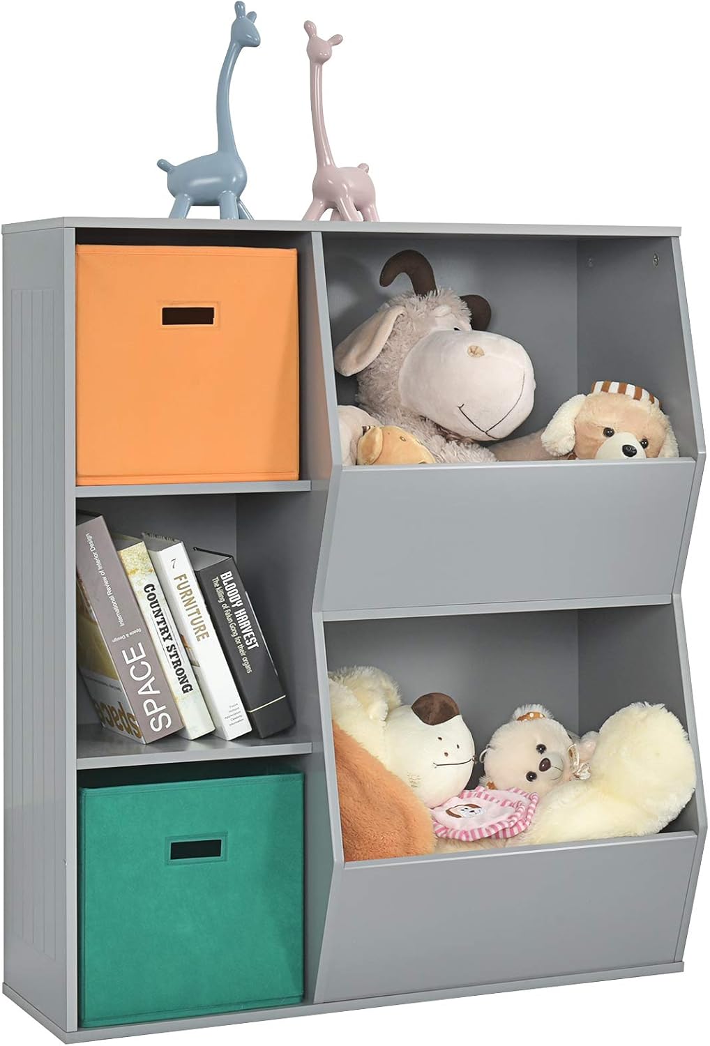 5 Cubbies Grey Wooden Kids Bookshelf with Storage Bins X604