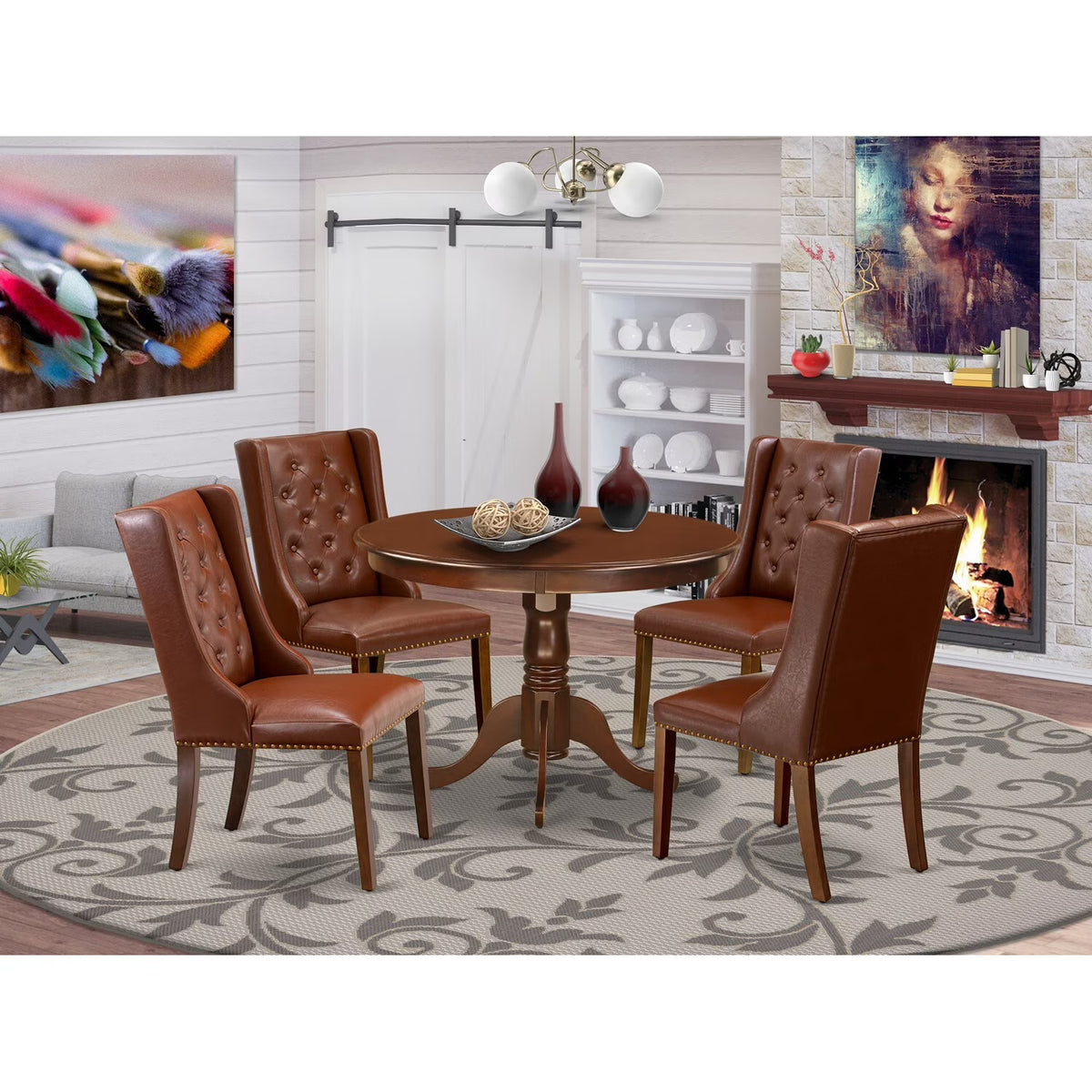 5-piece Wood Dining Table and Chair Set in Mahogany U501745