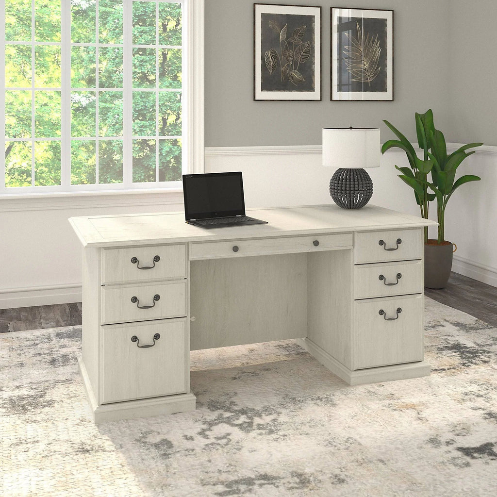 Linen White Oak Executive Desk with Drawers T561