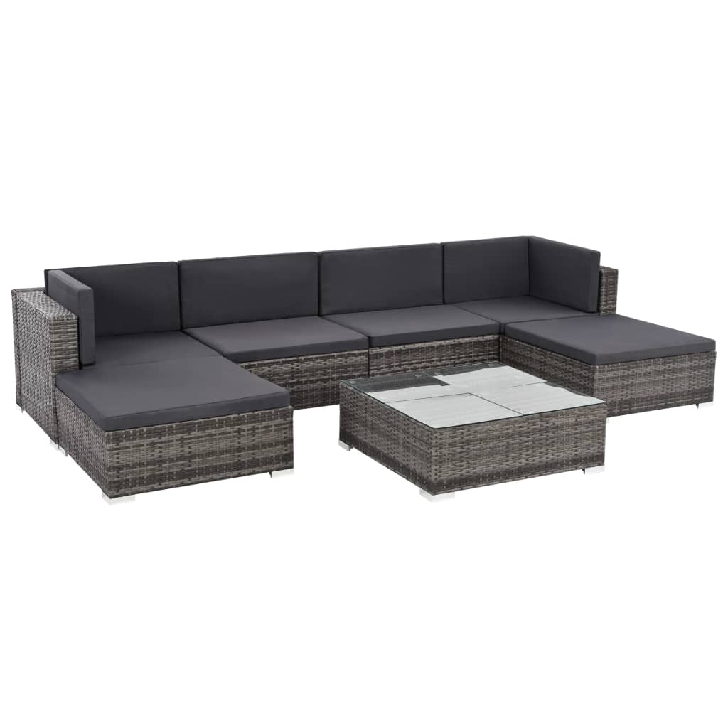 7 Piece Gray Poly Rattan Outdoor Sectional Sofa Set with Coffee Table and 2 Ottoman W774